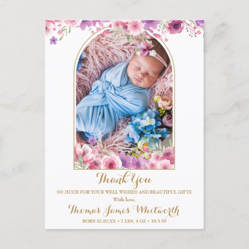 Arch Photo Floral Script Thank You Baby Birth  Announcement Postcard