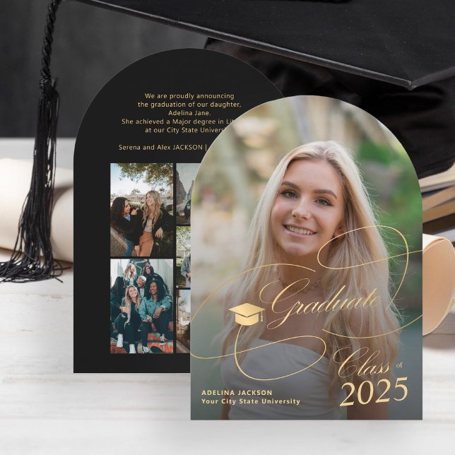Arch photo gold black graduate script graduation invitation (Creator Uploaded)