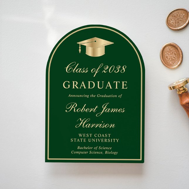 Arch Photo Green Gold Graduation Announcement (Share the pride and excitement of your graduate's achievement with friends and family near and far)