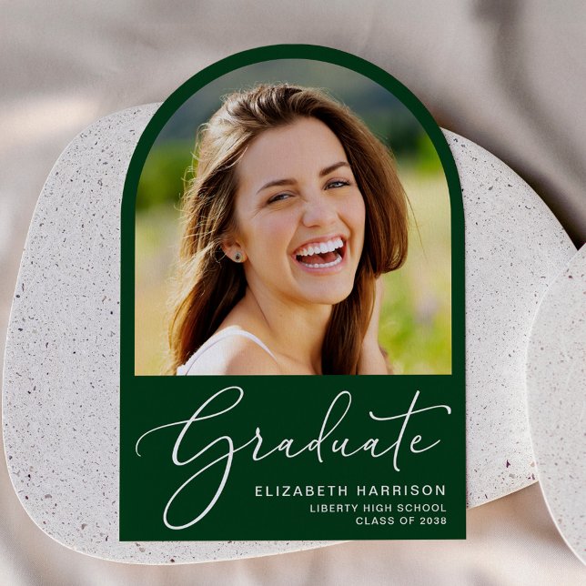 Arch Photo Green Graduation Announcement (An elegant arch-shaped graduation announcement to celebrate the graduate's achievements)