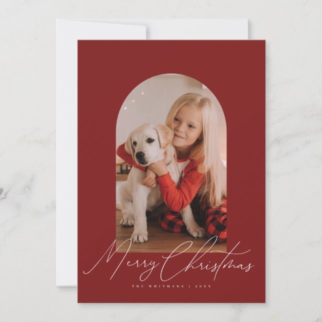 Arch photo & hand-written Merry Christmas script  Holiday Card (Front)