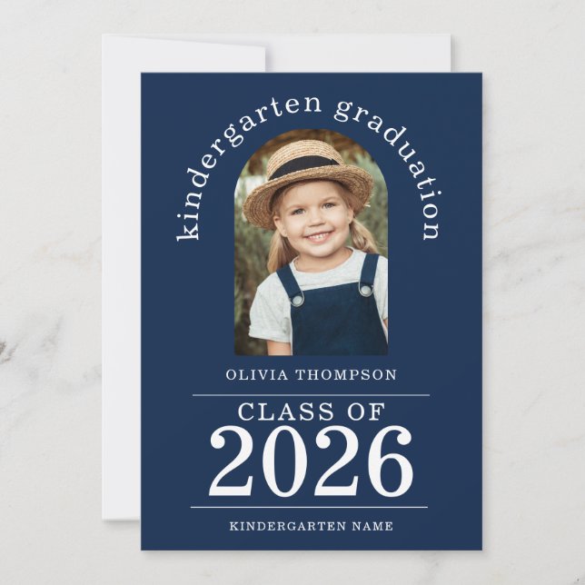 Arch Photo Kindergarten Graduate 2026 Navy Blue Announcement (Front)