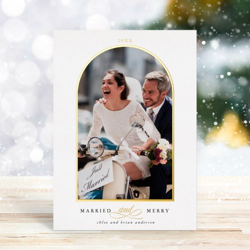 Arch Photo Married and Merry Foil Holiday Card