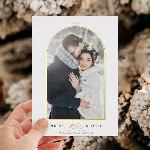 Arch Photo Merry  Bright Gold Foil Holiday Card