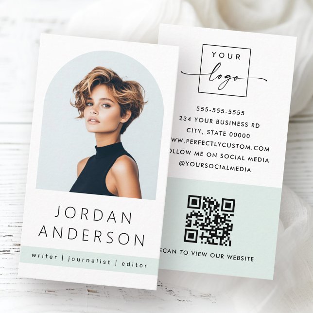 Arch photo minimal pale dusty sea green QR logo Business Card (Arch photo minimal pale dusty sea green QR logo Business Card)