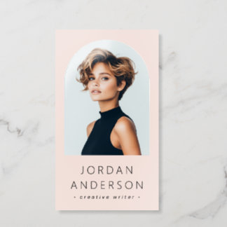 Arch photo minimalist QR code light blush pink Raised Spot UV Business Card