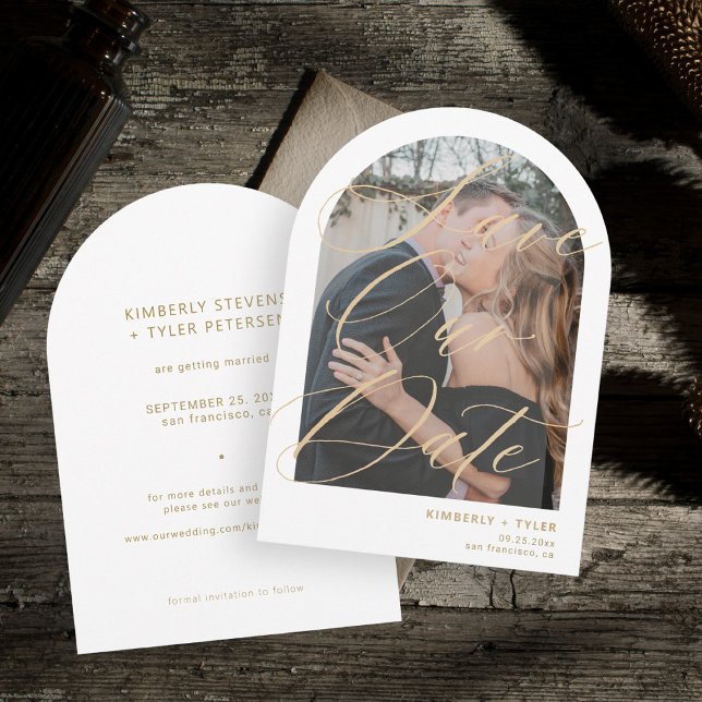 Arch photo modern elegant gold script wedding save the date (Creator Uploaded)