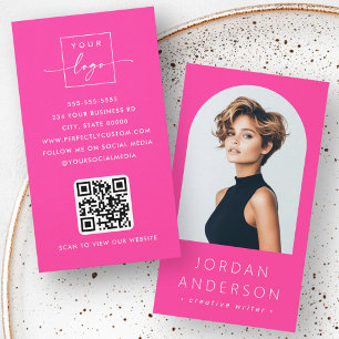 Arch photo modern minimalist QR code logo hot pink Business Card