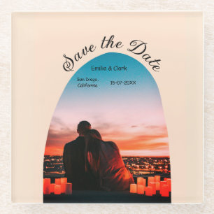 arch photo orange boho save the date QR modern Glass Coaster