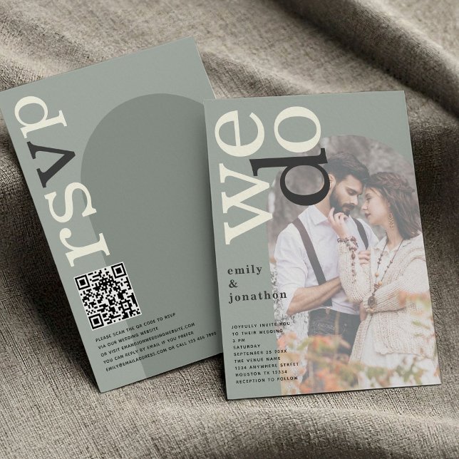 Arch Photo Overlay Typography Sage QR Code Wedding Invitation (front and back view)