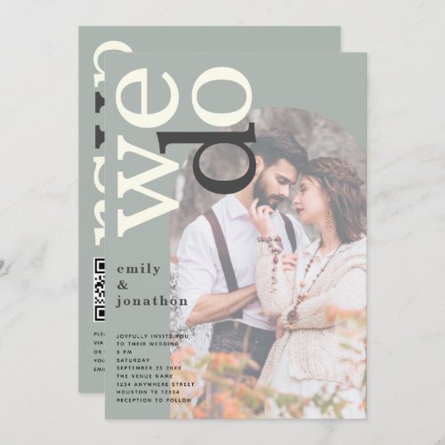 Arch Photo Overlay Typography Sage QR Code Wedding Invitation