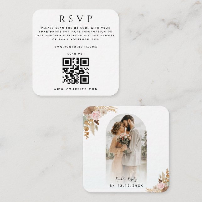 Arch Photo Pampas Grass Boho QR Code Wedding RSVP Enclosure Card (Front/Back)