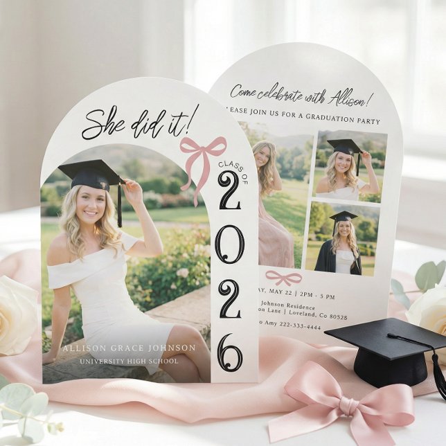 Arch Photo Pink Bow Graduation Party Invitation (Creator Uploaded)