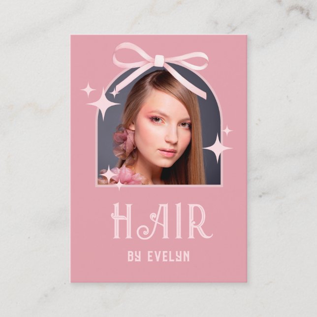 Arch Photo Pink Bow Hair QR Code Business Card (Front)