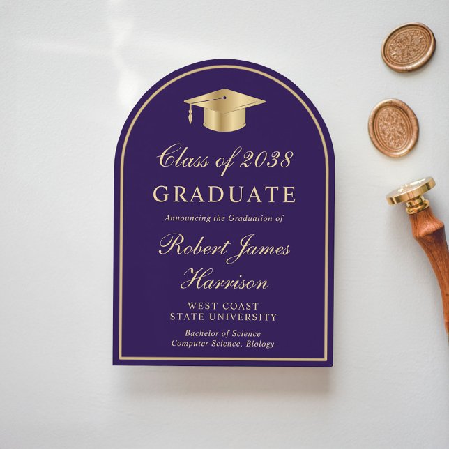Arch Photo Purple Gold Graduation Announcement (Share the pride and excitement of your graduate's achievement with friends and family near and far)
