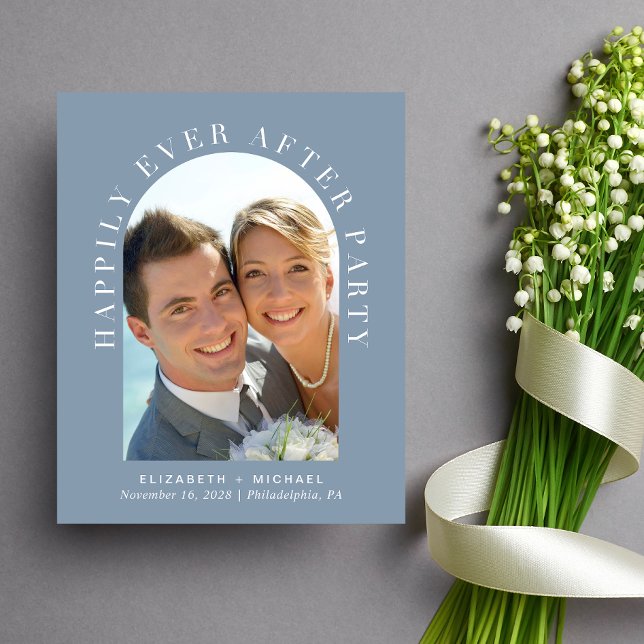 Arch Photo QR Code Dusty Blue Reception Invitation (Celebrate your love story with an invitation showcasing your favorite photo in an elegant arch frame)