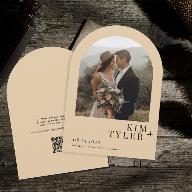 Arch photo QR CODE modern butter yellow wedding Save The Date (Creator Uploaded)