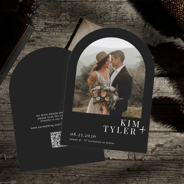 Arch photo QR CODE modern white and black wedding Save The Date (Creator Uploaded)