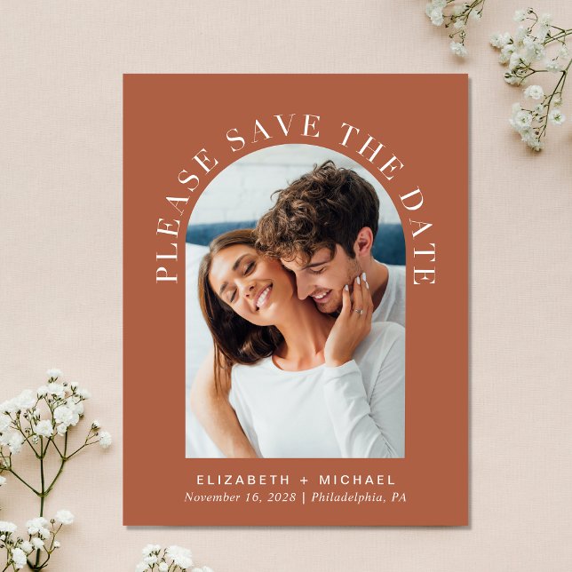 Arch Photo QR Code Terracotta Save The Date Announcement Postcard (Celebrate your love story with a save the date showcasing your photo in an elegant arch frame)