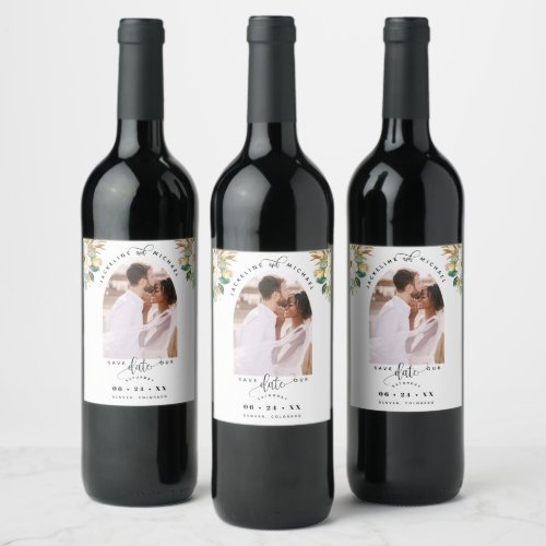 Arch Photo White Gold Floral Wedding Save the Date Wine Label