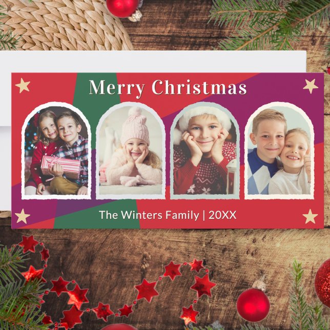 Arch Photos Bright Festive Personalized Holiday Card (A Christmas card to customize with 4 photos in arch shaped 'frames', name and year)