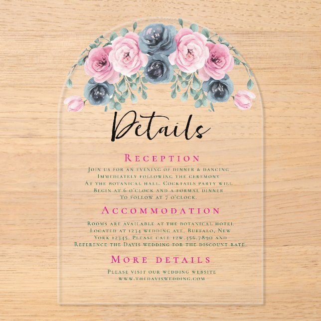 Arch Pink and Blue Blooms Wedding Details Acrylic Invitations (Front)