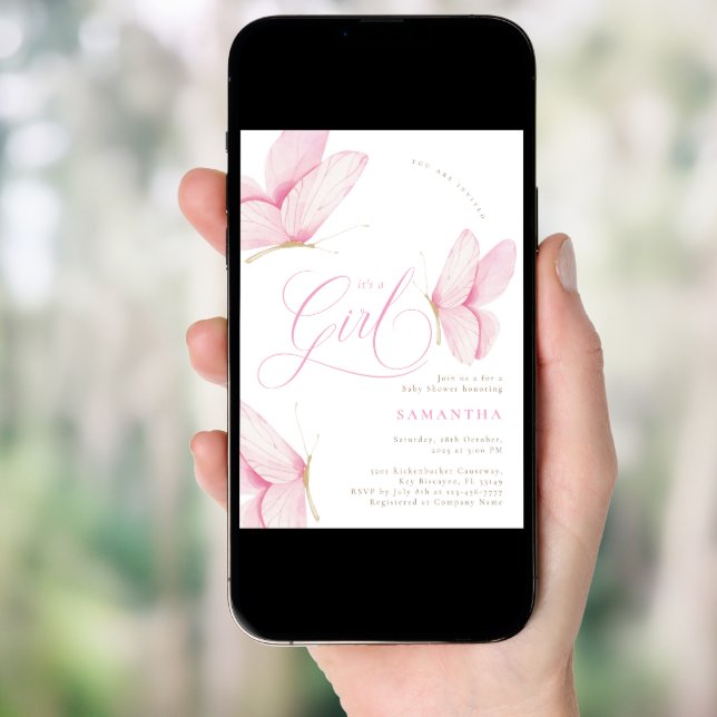 Arch Pink Butterflies Girl Baby Shower Invitation (Front Digital)