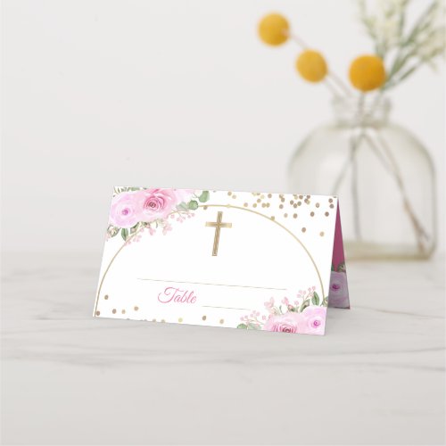 Arch Pink Floral Gold Glitter Baptism Place Card
