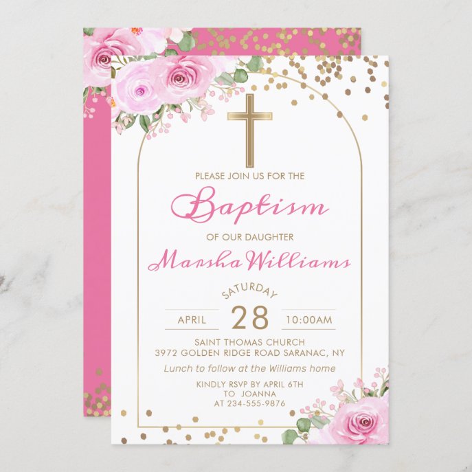 Arch Pink Floral Gold Glitter Girl Baptism Invitation