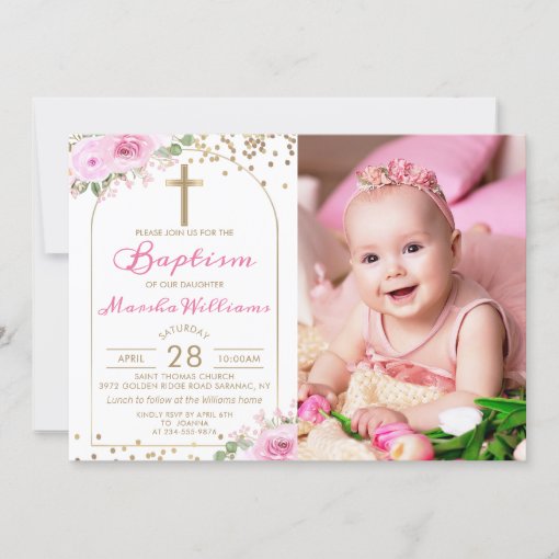 Arch Pink Floral Gold Glitter Girl Baptism Photo Invitation | Zazzle