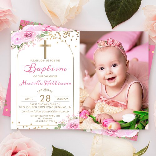 Arch Pink Floral Gold Glitter Girl Baptism Photo Invitation