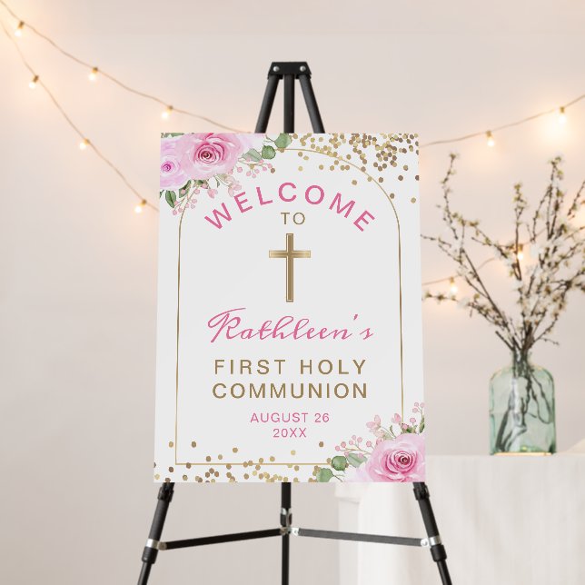 Arch Pink Gold Floral First Holy Communion Foam Board (In Situ (Stand))