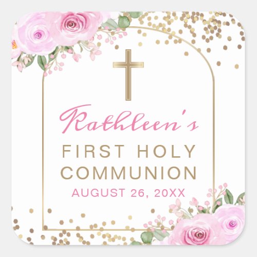 Arch Pink Gold Floral First Holy Communion Square Sticker