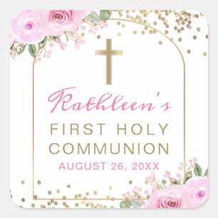 Arch Pink Gold Floral First Holy Communion Square Sticker