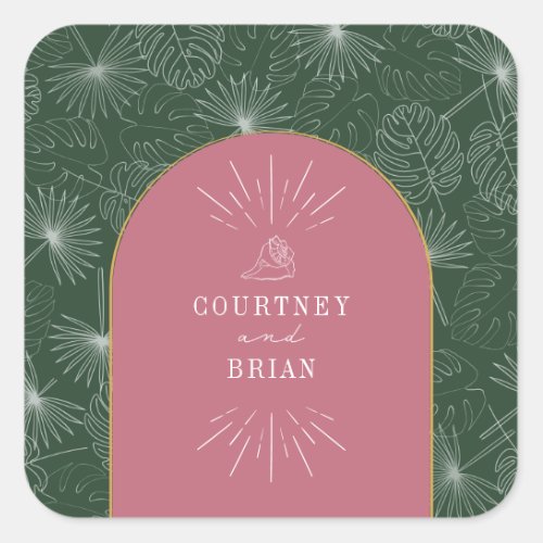 Arch Pink  Green Palm Tropical Beach Wedding Square Sticker