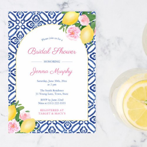Arch Positano Lemons Blue Tiles Wedding Shower Invitation