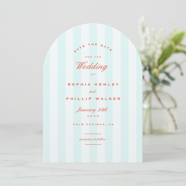 Arch Preppy Striped Teal Orange Save the Date  Invitation (Standing Front)