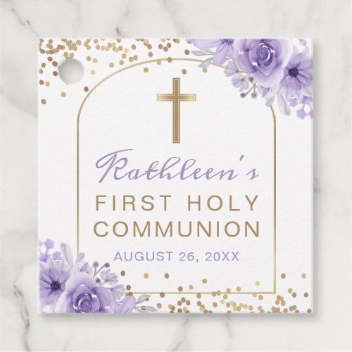 Arch Purple Gold Floral First Communion Thank You Favor Tags