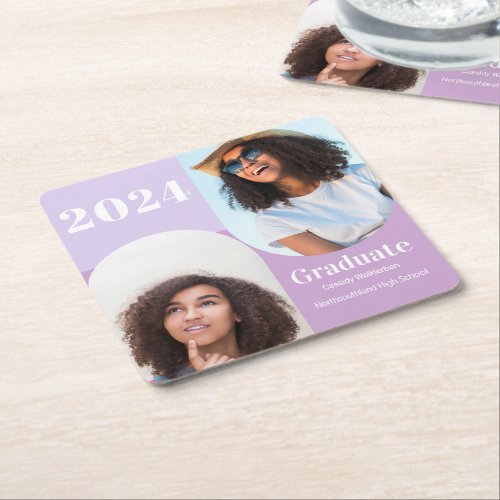 Arch Purple Two Photo Graduation Square Paper Coaster