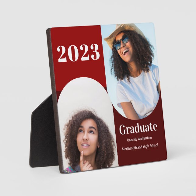 Arch Red Burgundy Keepsake Two Photo Graduation Plaque (Front)