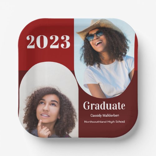 Arch Red Burgundy Two Photo Graduation Paper Plates