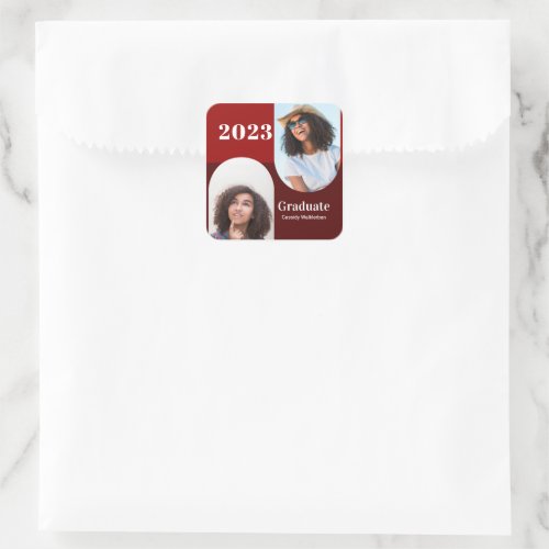 Arch Red Burgundy Two Photo Graduation Square Sticker