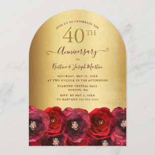 Arch Red Rose Floral Gold 40th Anniversary Party Invitation