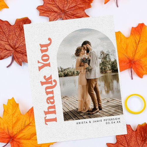 Arch  Retro Type Coral Photo Wedding Thank You Card