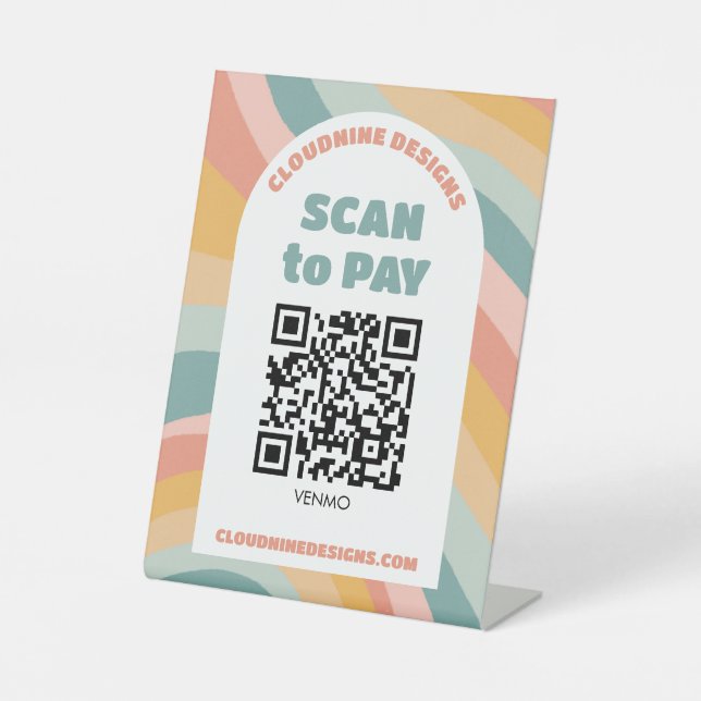 Arch Retro Waves SCAN TO PAY QR CODE  Pedestal Sign (Front)