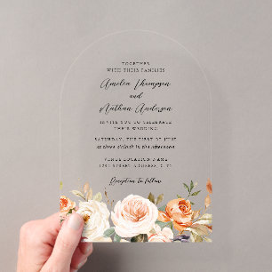 Arch Rustic Burnt Orange Botanical Florals Wedding Acrylic Invitations