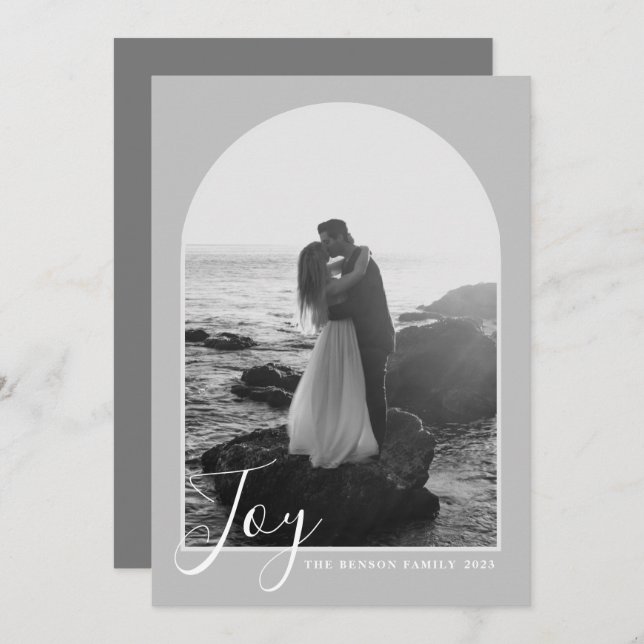  Arch Script Joy Gray Vertical Holiday Card (Front/Back)