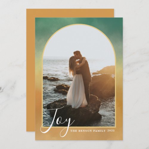  Arch Script Joy Painted Gold Green Vertical Holiday Card