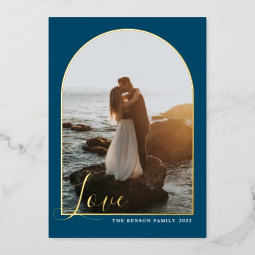  Arch Script Love Blue Vertical Real Foil Holiday Card