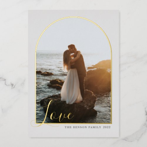  Arch Script Love Gray Vertical Real Foil Holiday Card